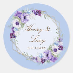 Dusty Blue Floral Garden Lush Frame Violet Lilac Classic Round Sticker
