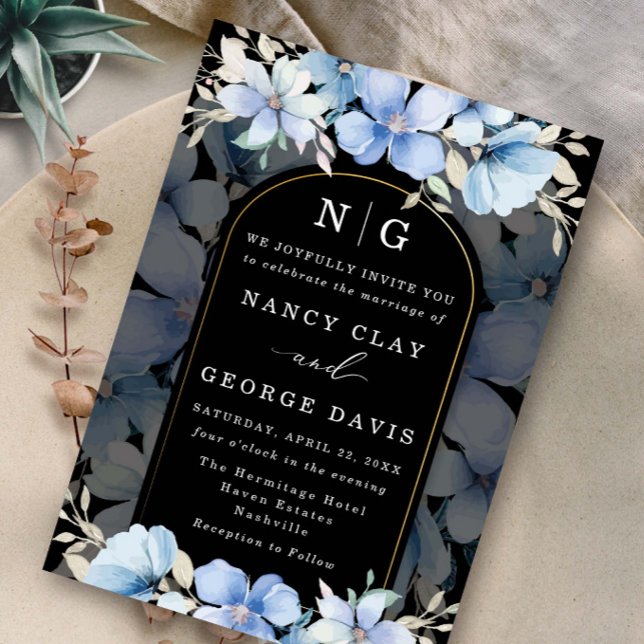 Dusty Blue Floral Garden Monogram Black Wedding Invitation (Creator Uploaded)