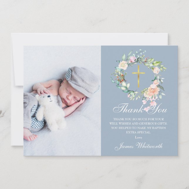 Dusty Blue Floral Garland Baptism Photo  Thank You Card (Front)