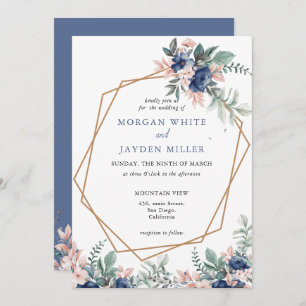 Dusty Blue Floral Geometric Gold Frame Wedding Invitation