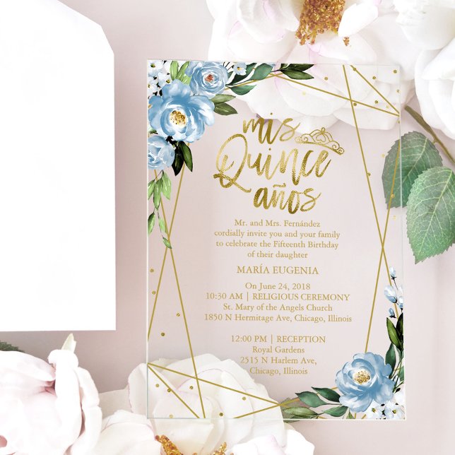 Dusty Blue Floral Geometric Quinceañera  Acrylic Invitations (Creator Uploaded)