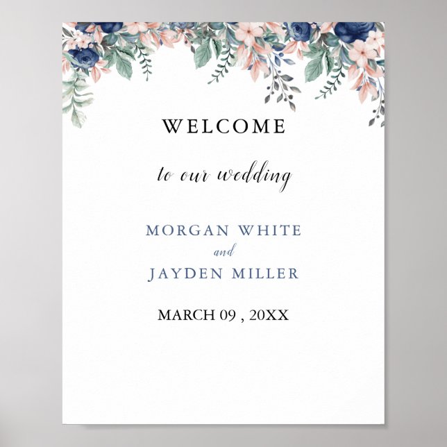 Dusty Blue Floral Geometric Wedding Welcome Poster (Front)