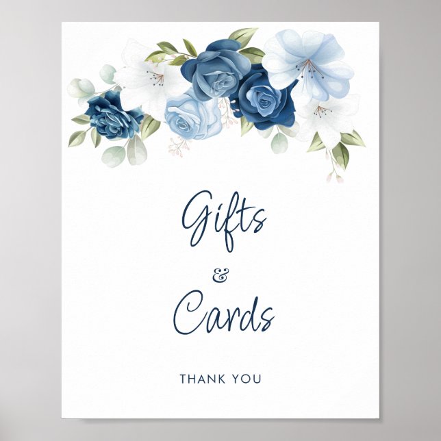 Dusty Blue Floral Gifts and Cards Wedding Poster (Front)