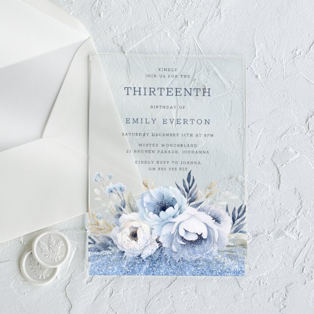 Dusty Blue Floral Girls 13th Birthday Party Acrylic Invitations (Creator Uploaded)