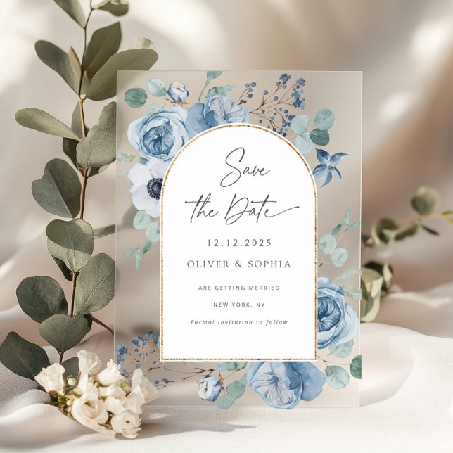 Dusty blue floral gold arch Save the date Acrylic Invitations (Creator Uploaded)
