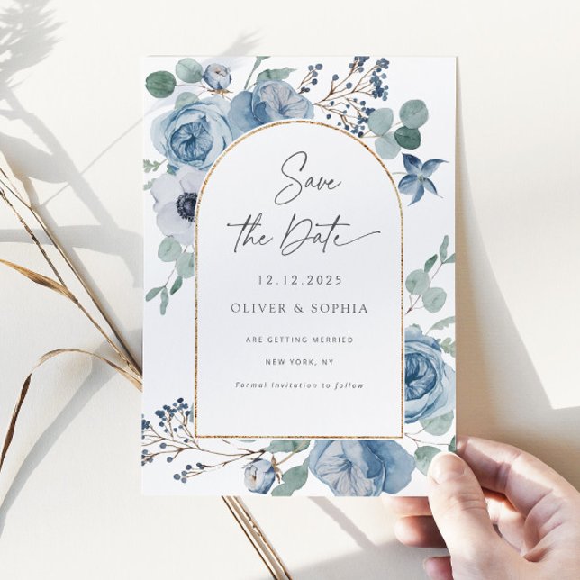 Dusty blue floral gold arch Save the date Invitation (Creator Uploaded)