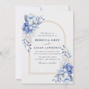 Dusty Blue Floral Gold arch Watercolor Art Invitation
