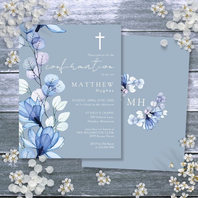 Dusty Blue Floral Gold Confirmation Invitation Postcard (Dusty Blue Floral Gold Confirmation Invitation Postcard)