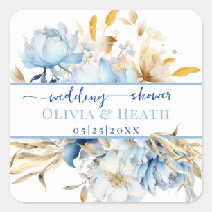 Dusty Blue Floral Gold Couples Shower Square Sticker
