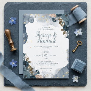 Dusty Blue Floral Gold Foil Watercolor Wedding Invitation