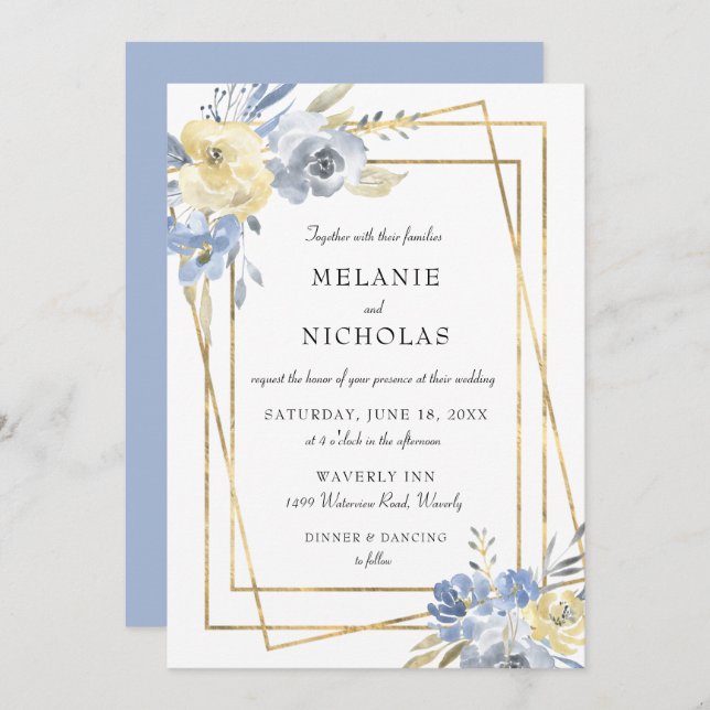 Dusty Blue Floral Gold Frame Wedding Invitation (Front/Back)
