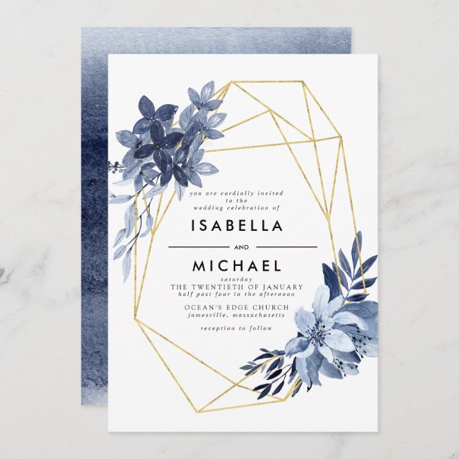 Dusty Blue Floral Gold Geometric Frame Wedding Invitation (Front/Back)
