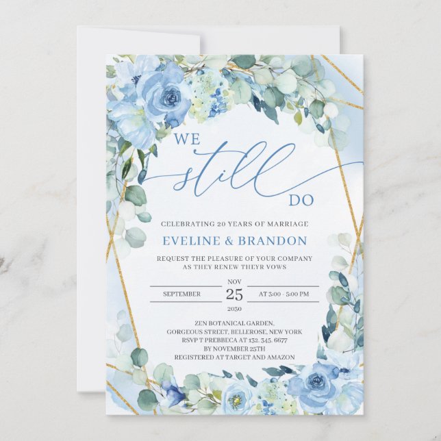 Dusty Blue Floral Gold Geometric Vow Renewal Invitation (Front)