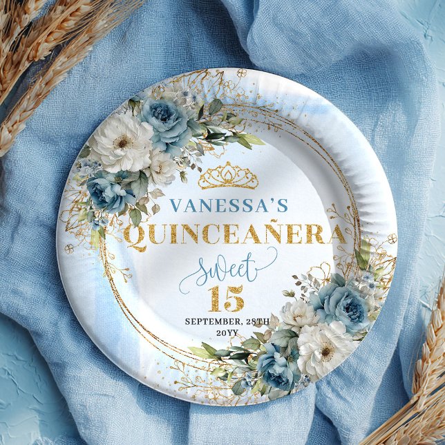Dusty Blue Floral Gold Glitter Custom Quince Plate (Dusty Blue Floral Gold Glitter Custom Quince Plates)
