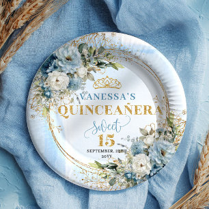 Dusty Blue Floral Gold Glitter Personalized Plates