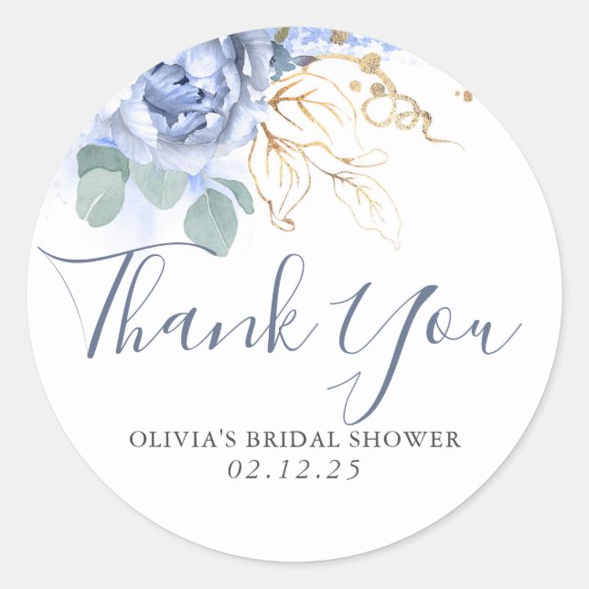 Dusty Blue Floral Gold Greenery Thank You Classic Round Sticker (Front)