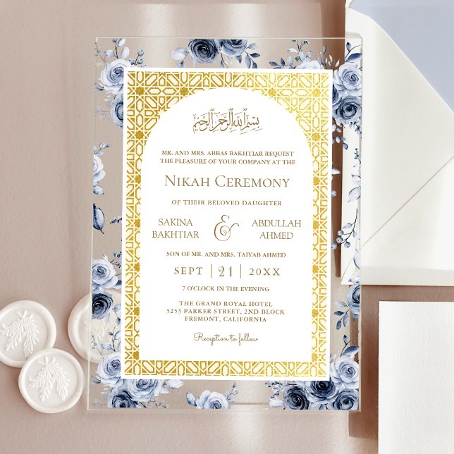 Dusty Blue Floral Gold Pattern Muslim Wedding Acrylic Invitations (Creator Uploaded)