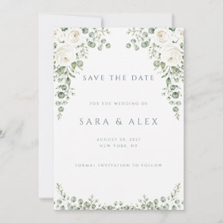 Dusty Blue Floral Gold Save the Date Card