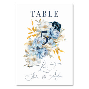 Dusty Blue Floral Gold Table Number