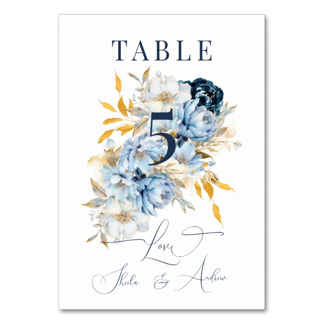 Dusty Blue Floral Gold Table Number (Front)