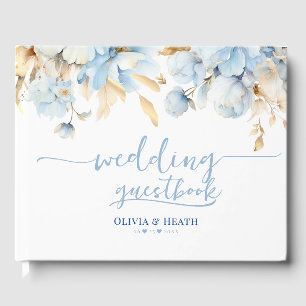 Dusty Blue Floral Gold Wedding  Guest Book