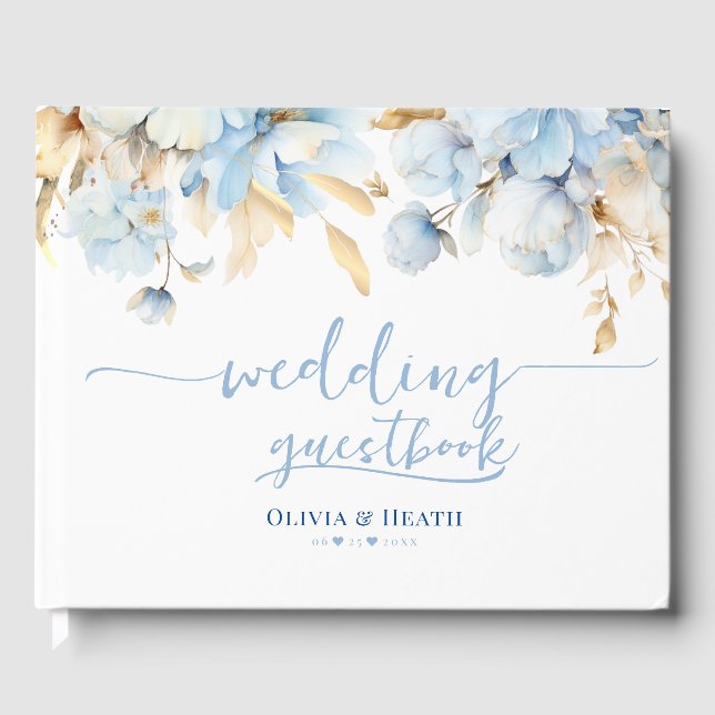 Dusty Blue Floral Gold Wedding  Guest Book (Front)