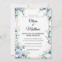 Dusty Blue Floral Gold Wedding Invitation