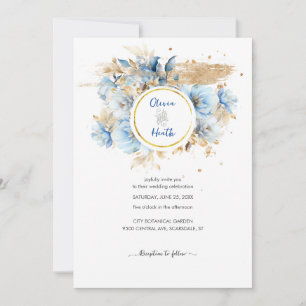 Dusty Blue Floral Gold Wedding Invitation