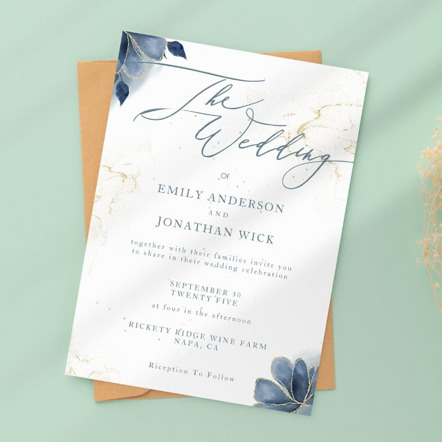 Dusty Blue Floral Gold Wedding Invitation (Creator Uploaded)
