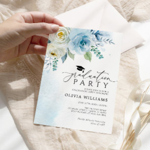 Dusty Blue Floral Graduation Party Invitation