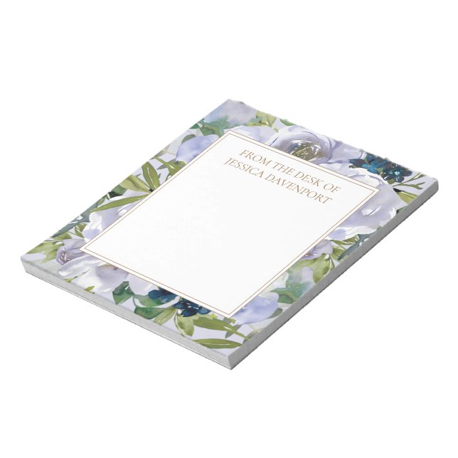Dusty Blue Floral Green Leaves  From Desk Notepad (Rotated)