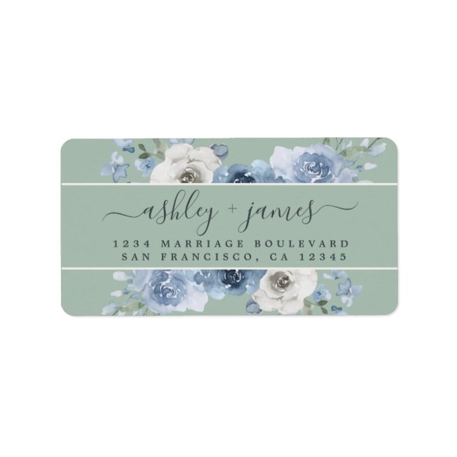 Dusty Blue Floral Green Wedding Return Address Label (Front)