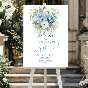 Dusty Blue Floral Greenery 16th Birthday Welcome Poster