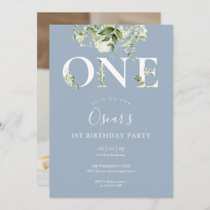 Dusty Blue Floral Greenery 1st Birthday Photo Invitation