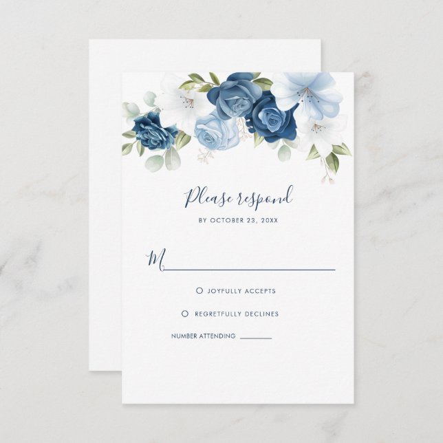 Dusty Blue Floral Greenery Botanical Script RSVP Card (Front/Back)