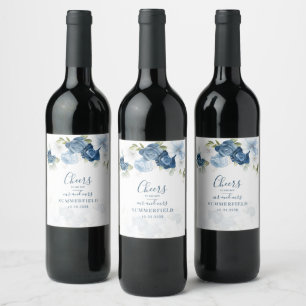 Dusty Blue Floral Greenery Botanical Wedding Wine Label