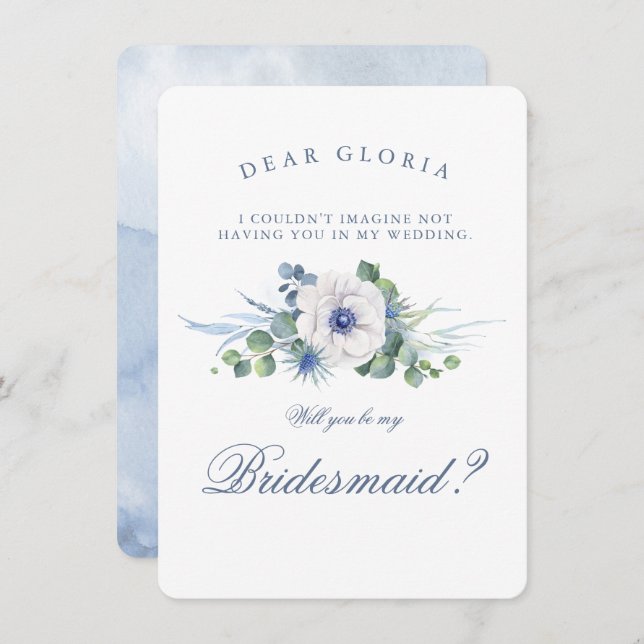 Dusty Blue Floral Greenery Bridesmaid Proposal Invitation (Front/Back)