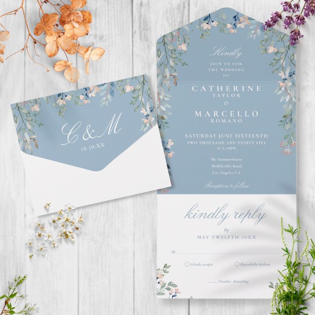 Dusty Blue Floral Greenery Cascade Wedding All In One Invitation (Creator Uploaded)