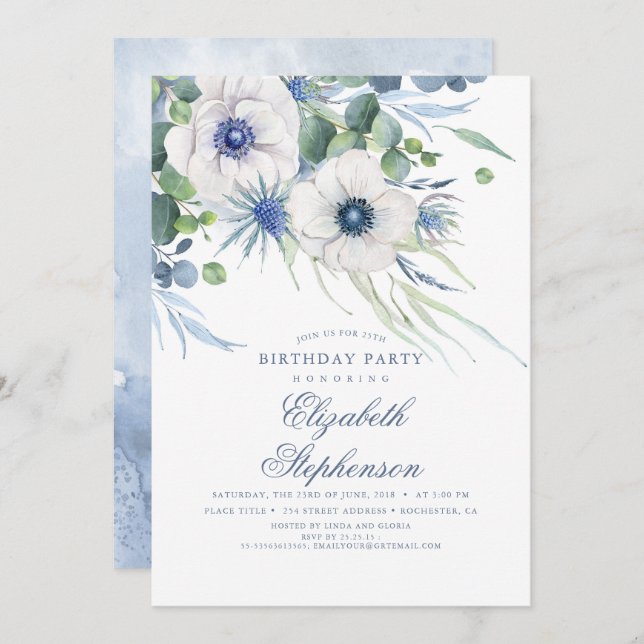 Dusty Blue Floral Greenery Elegant Birthday Invitation (Front/Back)