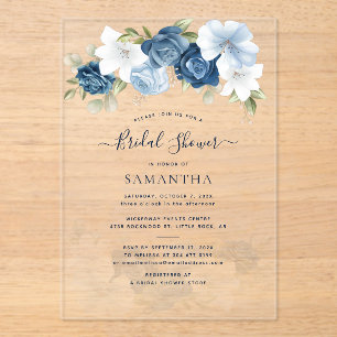 Dusty Blue Floral Greenery Foliage Bridal Shower Acrylic Invitations