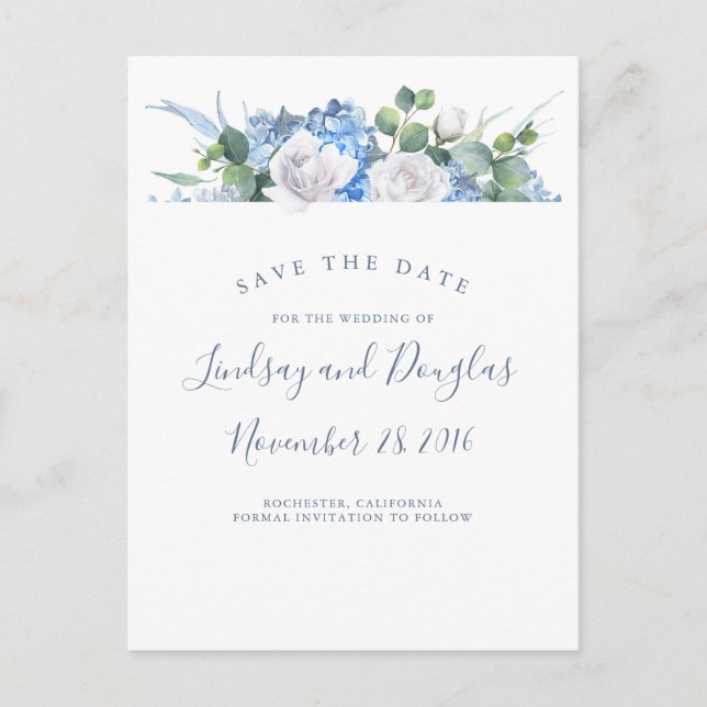 Dusty Blue Floral Greenery Hydrangea Save the Date Announcement Postcard (Front)