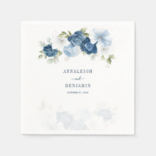 Dusty Blue Floral Greenery Leaves Wedding Cocktail Napkin