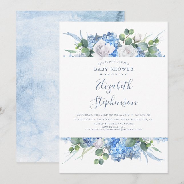 Dusty Blue Floral Greenery Modern Baby Shower Invitation (Front/Back)