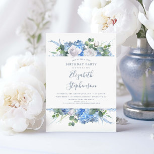 Dusty Blue Floral Greenery Modern Birthday Invitation