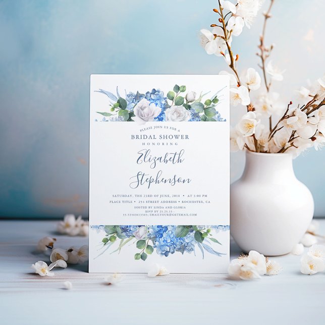 Dusty Blue Floral Greenery Modern Bridal Shower Invitation (Dusty Blue and White Flowers Bridal Shower Invitations)