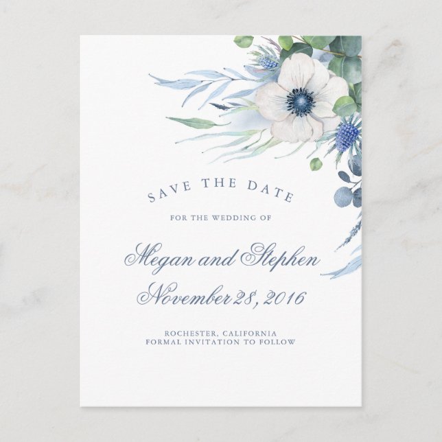 Dusty Blue Floral Greenery Modern Save the Date Announcement Postcard (Front)