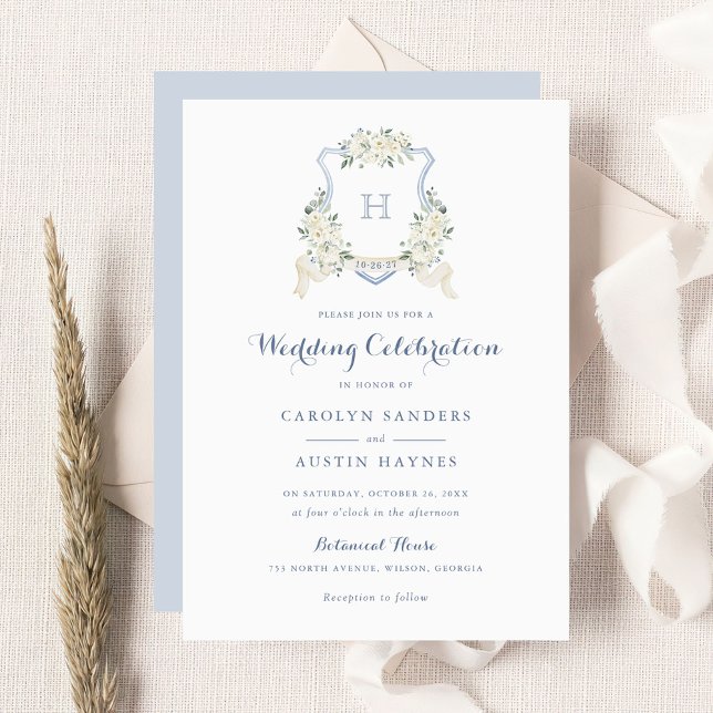 Dusty Blue Floral Greenery Monogram Crest Wedding Invitation (Creator Uploaded)