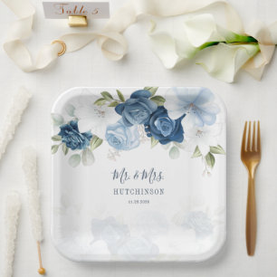 Dusty Blue Floral Greenery Mr and Mrs Wedding Paper Plate