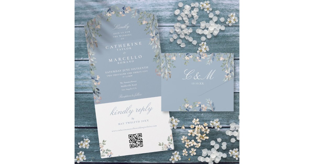Dusty Blue Floral Greenery QR Code Wedding All In One Invitation | Zazzle