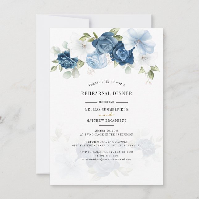 Dusty Blue Floral Greenery Rehearsal Dinner Invitation (Front)